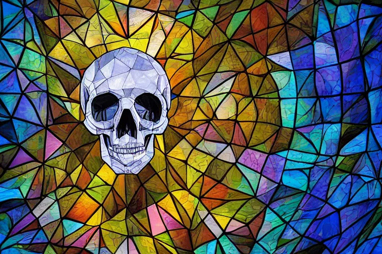 Prompt: an epic fantastic realism comic book style painting of a skull shaped glassine fractal dichroic shard geometry low poly stained glass window, dynamic lighting