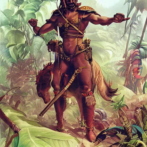 Prompt: conquistador in the jungle, by Jesper Ejsing