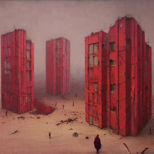 Image similar to surrealist painting of a brutalist building turning into meat, red webs, post apocalyptic, painted by beksinski