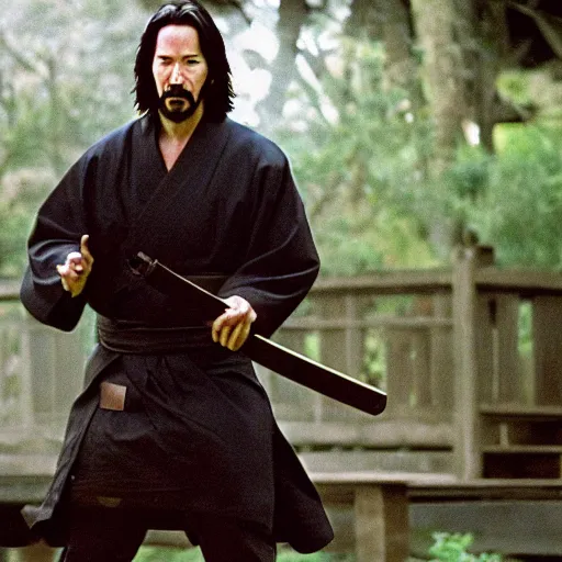 Image similar to cinematic film still of Keanu Reeves starring in a Steven Spielberg film as A Japanese Samurai at a temple, 1999, shallow depth of field, photograph, natural lighting