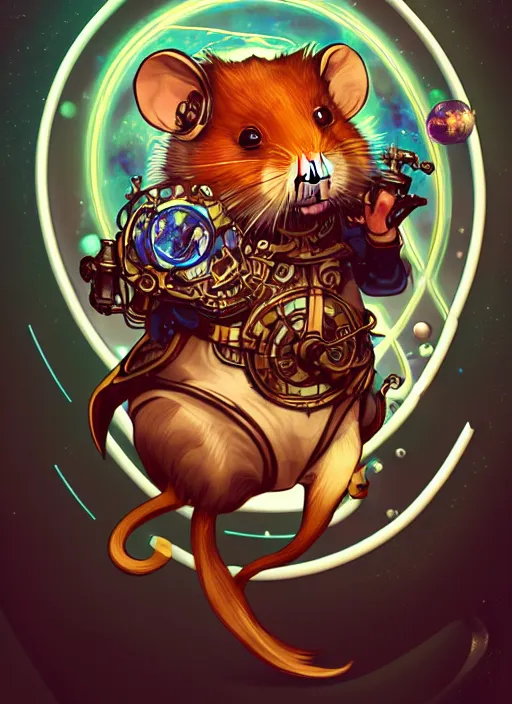 Prompt: illustration of an anthropomorphic hamster, western steampunk cyborg, swirling water cosmos, fantasy, dnd, cinematic lighting, collectible card art, style artgerm and joshua middleton and tan zi and ayanamikodon and alphonse mucha and wlop