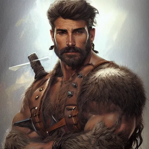 Image similar to portrait of a young, ruggedly handsome ranger, muscular, half body, leather, hairy, d & d, fantasy, intricate, elegant, highly detailed, digital painting, artstation, concept art, smooth, sharp focus, illustration, art by artgerm and greg rutkowski and alphonse mucha