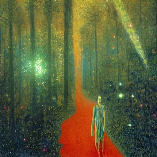 Image similar to psychedelic lush pine forest, outer space, milky way, amber eyes cat eyes designed by arnold bocklin, jules bastien - lepage, tarsila do amaral, wayne barlowe and gustave baumann, cheval michael, trending on artstation, star, sharp focus, colorful refracted sparkles and lines, soft light, 8 k 4 k