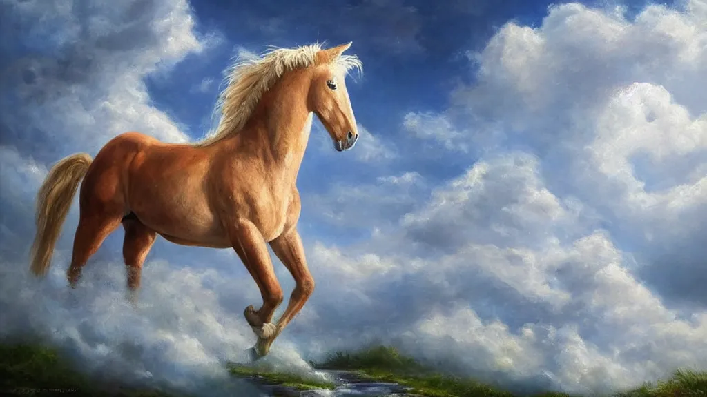 Image similar to very realistic oil painting of horse made of clouds , beautiful, highly detailed, masterpiece, next to a small crystal clear river, Hearthstone style