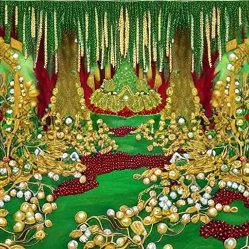 Image similar to A forest made of gemstones, with emerald leaves, vines made of golden chain, blossoms made of rubies, golden lillies on jade bushes, garnet and gold pomegranates, and jeweled fruit with diamonds and pearls