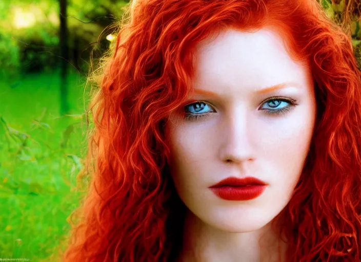 Prompt: award winning 3 5 mm close up face portrait photo of a redhead with blood - red wavy hair and precise intricate irises in a park by luis royo