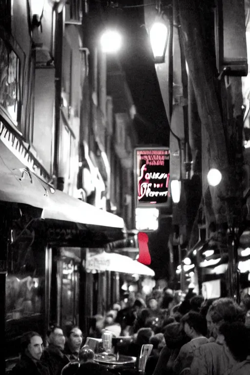 Image similar to film noir jazz bar, crowds of people, she arrived in a red dress