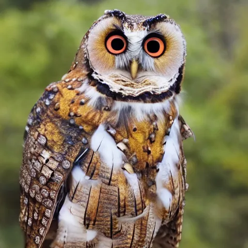 Prompt: photo of a female warrior wearing metal bejewelled owl armour