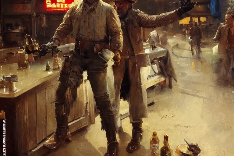 Image similar to oil painting of old rugged robot bounty hunter in a bar fight in dusty wild west town, art by anders zorn, wonderful masterpiece by greg rutkowski, beautiful cinematic light, american romanticism by greg manchess, jessica rossier and norman rockwell