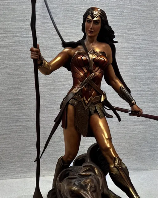 Image similar to a beautiful bronze statue of wonder woman, holding her spear and shield versus the minotaur, photorealistic, atmospheric