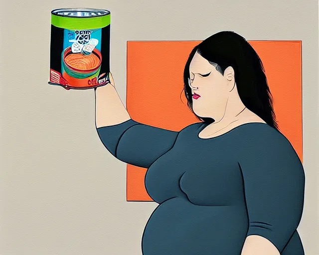 Image similar to BBW Cyborg Woman struggling to reach for a can of soup on the top shelf, art station painting