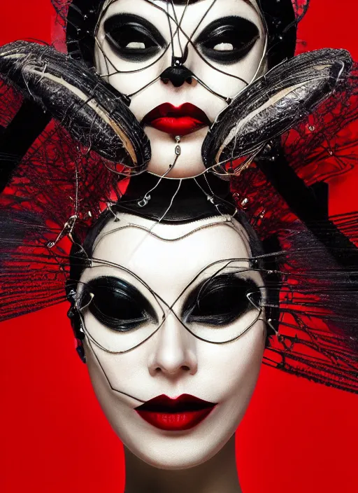 Image similar to a close up portrait of a woman with dark eye - shadow and red lips with dark slicked back hair, a mask made of wire and beads, dreaming acid - fueled hallucinations, psychedelic by serge lutens, rolf armstrong, delphin enjolras, peter elson, red cloth background, frilled blooming collar