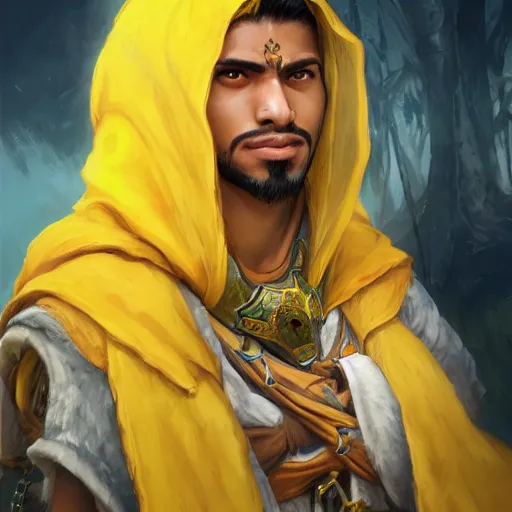 Image similar to portrait of young arabian nomad half wolf, with yellow cloths, league of legends splash art, hearthstone splash art, full body shot, rule of thirds, ultrafine hyperrealistic detailed face, artgerm, greg rutkowski, trending on artstation, 8 k, intricately detailed, highly detailed