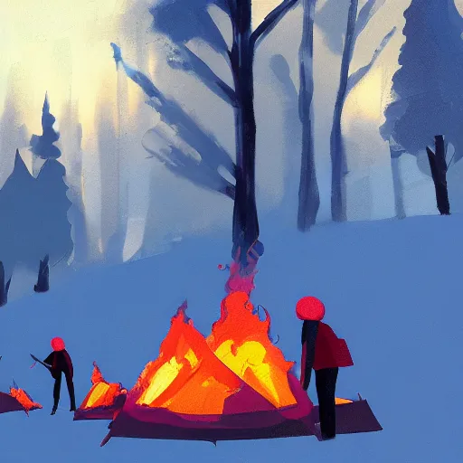 Image similar to a camp with tents on fire, burning down, shadows of 3 girls watching the camp burn, snow, dusk, painted by Sylvain Sarrailh, trending on Artstation