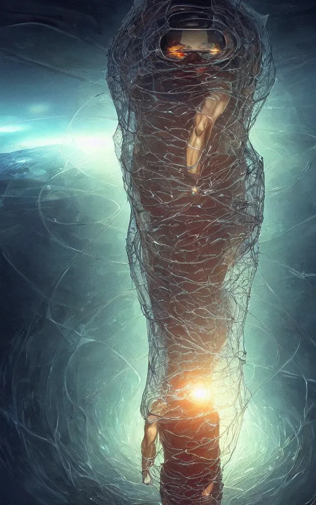 Image similar to human wrapped in a neural cyber cocoon plugged spirit machine, perfect future, award winning scifi art