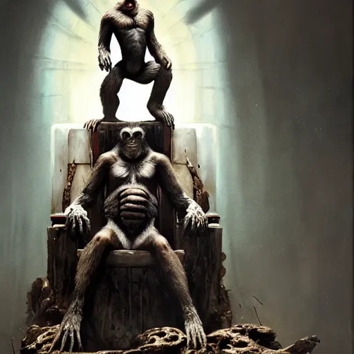 Image similar to koba from planet of the apes sitting on a throne of human bones, hero character art, koba, by chris leib and greg rutkowski in a surreal portrait, oil on canvas, volumetric lighting, 8k, hd.