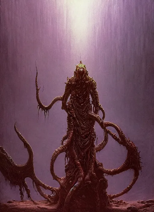 Image similar to Eldritch demon priest wearing ornate robe, chanting at the green pool. In style of Beksinski, concept art, highly detailed.