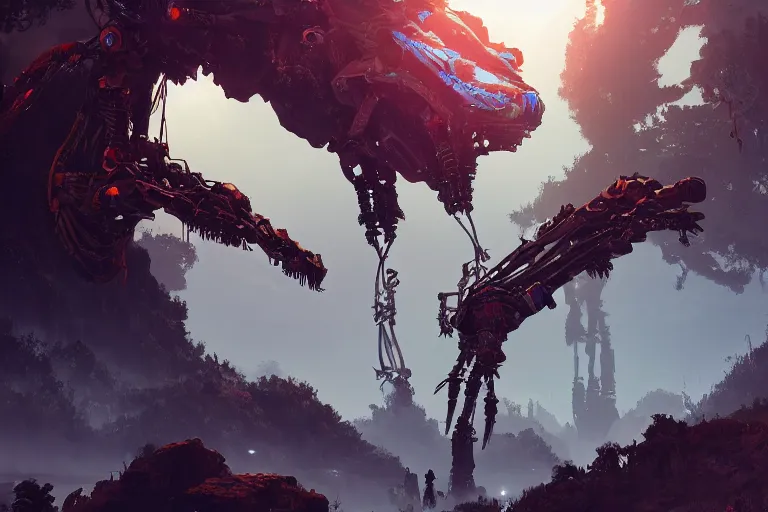 Image similar to tallneck machine mecanical creature robot of horizon forbidden west horizon zero dawn bioluminiscence global illumination ray tracing hdr fanart arstation by ian pesty and alena aenami artworks in 4 k