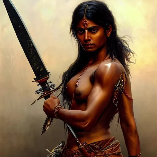 Prompt: painting of dark muscular oiled indian woman, bloody, carrying a sword, symmetric, ultra realistic, concept art, intricate details, eerie, highly detailed, photorealistic, octane render, 8 k, unreal engine. art by artgerm and greg rutkowski and alphonse mucha