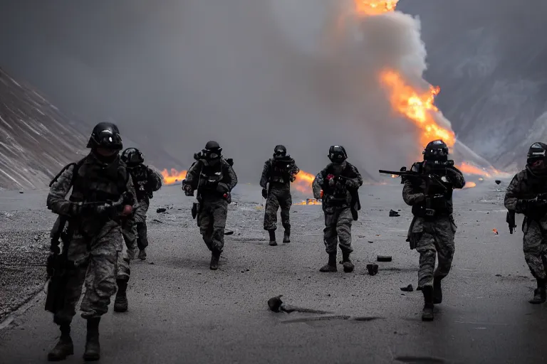 Prompt: Mercenary Special Forces soldiers in grey uniforms with black armored vest and black helmets assaulting a burning exploding devastated fjord Norway in 2022, Canon EOS R3, f/1.4, ISO 200, 1/160s, 8K, RAW, unedited, symmetrical balance, in-frame, combat photography, colorful