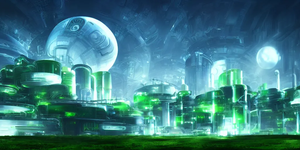 Image similar to beautiful scifi power plant, limitless energy inside, white city far away, blue sky, alien round shape, green plants, futuristic, magical feeling, detailed, digital art