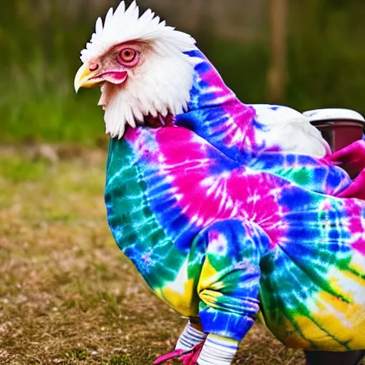 Prompt: a tie dye sweatshirt on a chicken