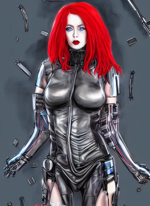 Image similar to a full body beautiful woman with red hair and blue eyes, wearing a cyberpunk outfit by hr giger, artgerm, sakimichan, weapons, electronics, high tech, cyber wear, latex dress, batwoman, bandage, concept art, fantasy, cyberpunk