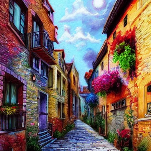 Prompt: narrow street between houses, colorful, fantasy art, concept art, high detail
