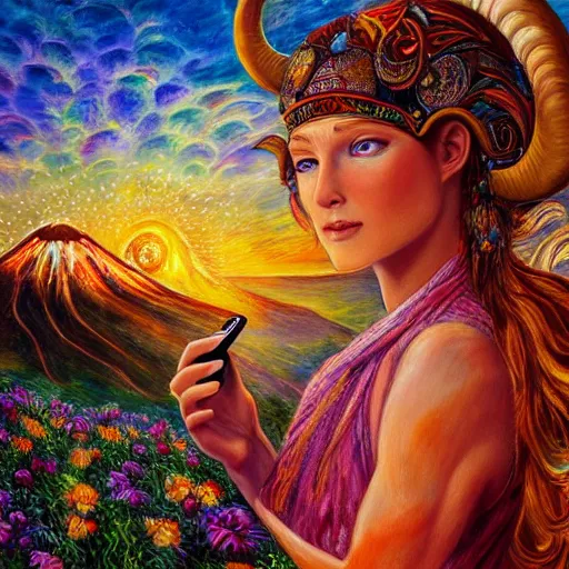 Image similar to acrylic on canvas painting by senior concept artist josephine wall, horned ram goddess checking her cell phone, erupting volcano and sunset in distance, flowers in foreground, trending on artstation, intricately detailed, highly detailed, high resolution, hdr, 8 k