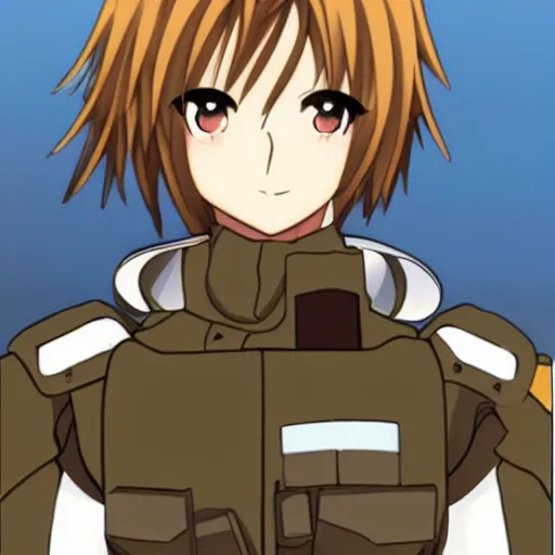 Prompt: Anime military bombsuit protagonist with light brown hair and brown eyes, Key Still, character design, full body shot