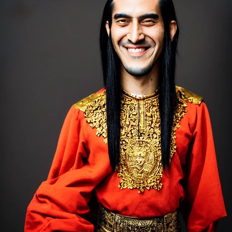 Prompt: A photo of Emperor Kuzco!!!!!!!!!!!!!!!! with his black long hair, face shaved and smiling with confidence, and wearing!!! his emperor clothes, in his early 20s. Portrait by Terry Richardson. Golden hour. 8K. UHD. Bokeh.