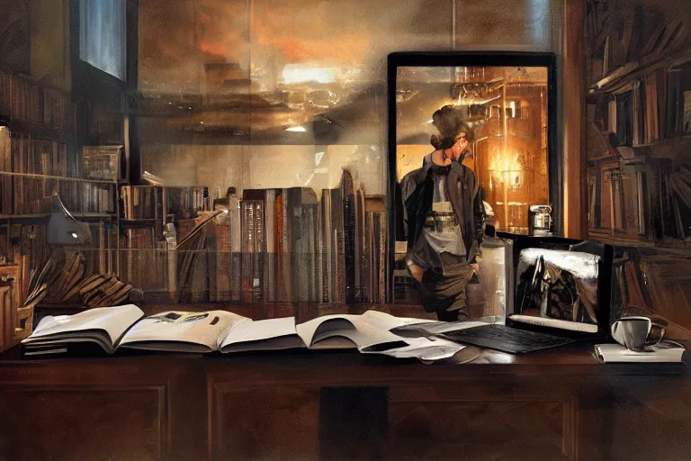 Image similar to a desk, books, a cup of coffee, computer, hyper realistic style, intricate details, digital painting, dramatic cinematic lighting by phil hale