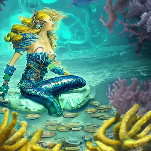 Prompt: highly detailed portrait of a cyberpunk mermaid swimming through a coral reef by Akihiko Yoshida, Greg Tocchini, 8k resolution, hearthstone inspired, sea green, yellow, blue, white, coral and black color scheme with graffiti