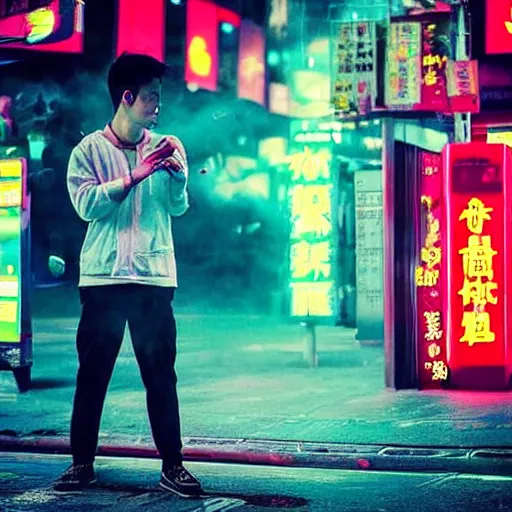 Prompt: “Asian guy vaping in Hong Kong waiting for taxi raining neon lights”