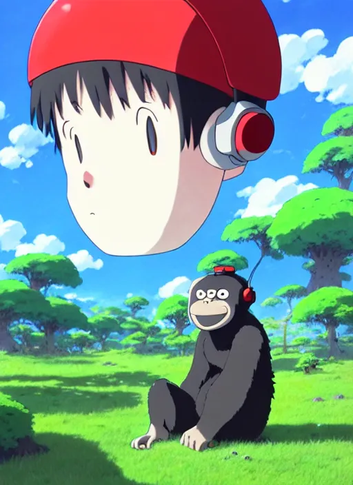 Prompt: wholesome cartoon anime gorilla holding a very small red mushroom, chilled out smirk on face, sunny sky background, lush landscape, illustration concept art anime key visual trending pixiv fanbox by wlop and greg rutkowski and makoto shinkai and studio ghibli and kyoto animation, symmetrical facial features, red headphones on head