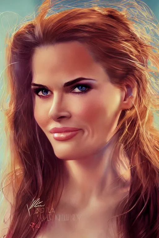 Image similar to mix of beautiful young maria shriver, mariel hemmingway, brooke shields, nicole kidman and elle macpherson as a young bikini model, thin lips, hair tied up in a pony tail, dark blonde hair, colorful, artstation, cgsociety