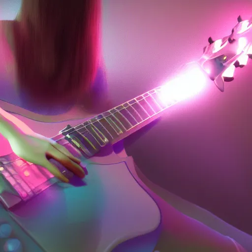 Prompt: women playing guitar, television sets in the background, artstation, details, volumetric light, futuristic, pastel