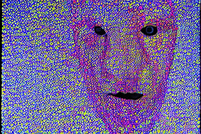 Image similar to face made out of space, faceless people dark, dots, drip, stipple, pointillism, technical, abstract, minimal, style of francis bacon, asymmetry, pulled apart, cloak, hooded figure, made of dots, abstract, balaclava, colored dots