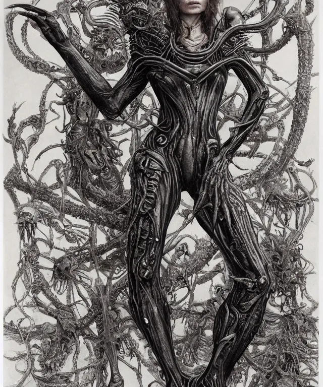 Prompt: a portrait photograph of a muscular sadie sink as a strong alien harpy queen with slimy amphibian skin. she is trying on a black bulbous infected slimy organic membrane parasite catsuit and transforming into an insectoid amphibian. by donato giancola, walton ford, ernst haeckel, brian froud, hr giger. 8 k, cgsociety