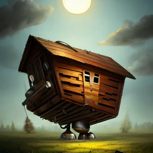 Image similar to a walking wood and metal house with two mechanical legs and two big eyes, rust, hyperrealistic, highly detailed, cinematic, single ray of sun, morning, pareidolia, gravity falls style, beautiful, cgssociety, artstation, 8 k, oil painting, digital art
