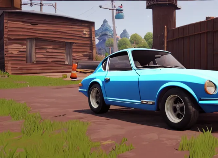 Image similar to a cartoon 1 9 7 0 datsun 2 4 0 z in fortnite, unreal engine