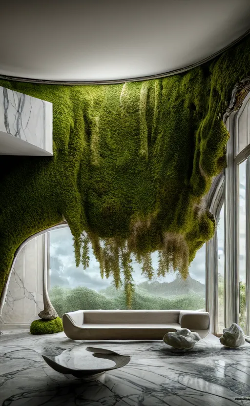 Image similar to highly detailed villa natural beautiful light interior soft cinematic composition of a smooth ceramic porcelain biomorphic magnolia stone nebula fluid sci - fi surreal architecture landscape, furniture, granite, trees, marble, moss, lichen, fungi, vincent callebaut composition, mamou - mani, archviz, 8 k, unreal engine, hdr