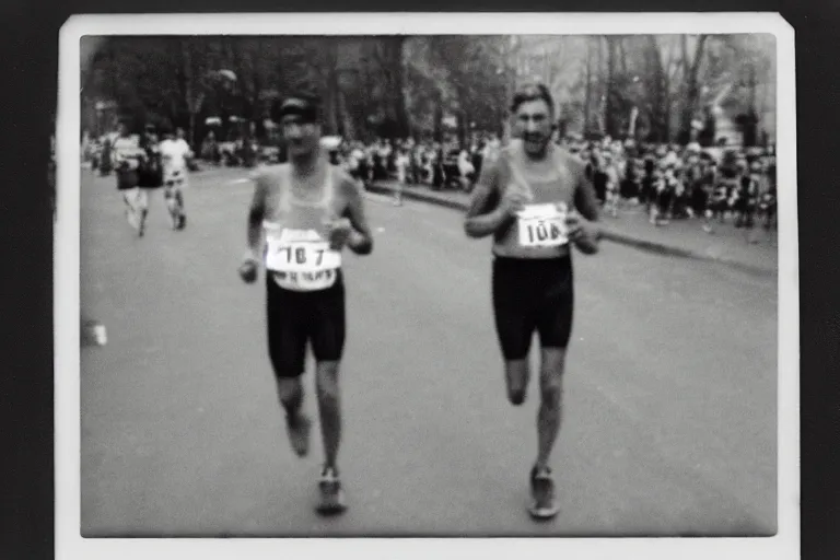 Image similar to dark old polaroid of a sad man running a marathon