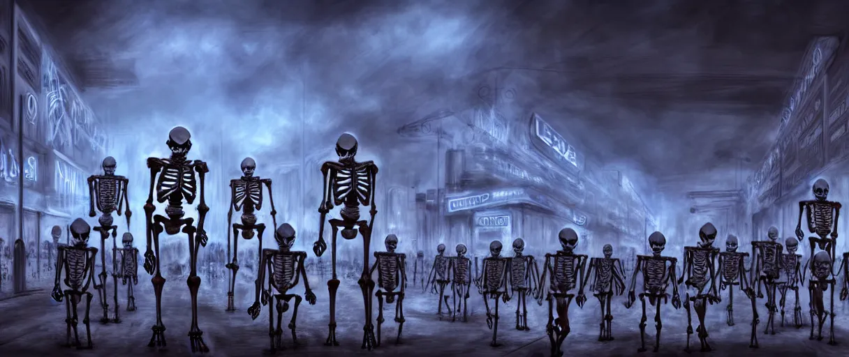 Image similar to hyperrealistic skeleton army mall in background ute osterwald jason limon concept art dramatic blue lighting wide angle hd 8k sharp shallow depth of field