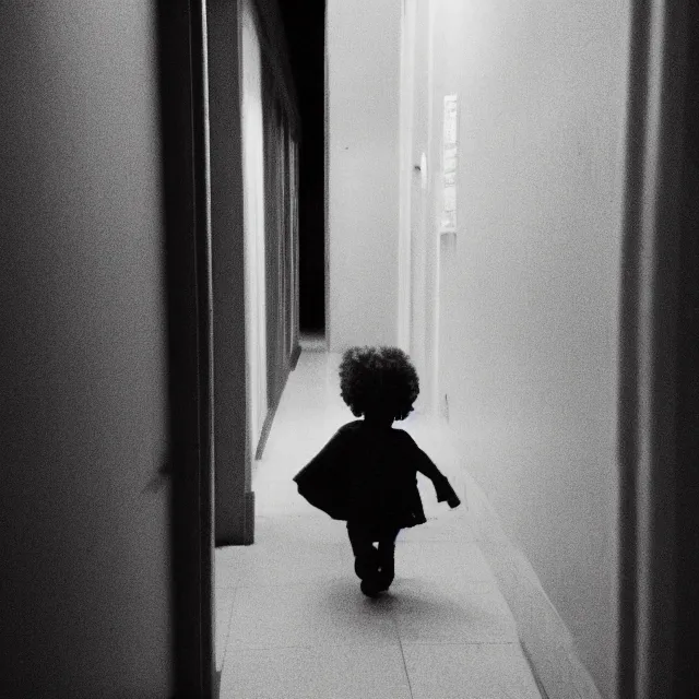 Prompt: cctv grainy dark nightvision unfocused frilled tentacle not-child in hallway