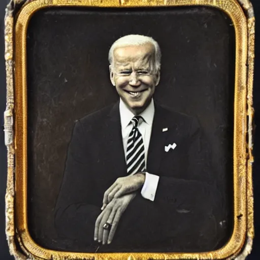 Prompt: joebiden!!! humanoid. daguerreotype portrait photograph. inspired by gerard grom and ansel adams. beautiful. cute. happy. highly detailed. old timey.