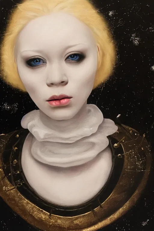 Image similar to hyperrealism oil painting, close - up portrait of albino medieval fashion model, black silk, steel gradient mixed with nebula sky, in style of baroque