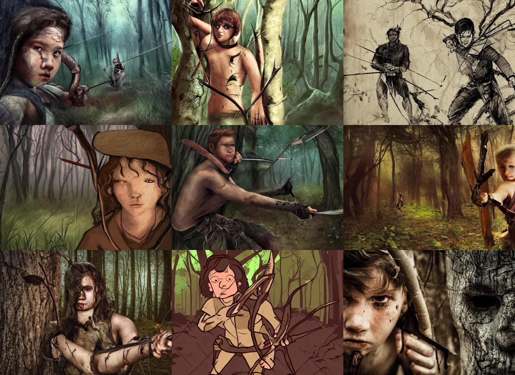 Prompt: young archer, scarred face, dark woods, fantasy, monsters behind