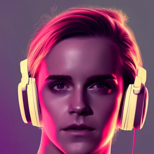 Prompt: synthwave emma watson wearing headphones, animated, trending on artstation, portrait