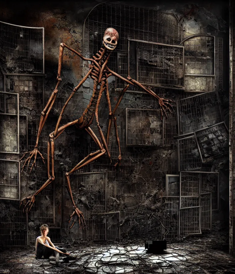 Image similar to Creepy huge suffering humanoid with long limbs sits on the floor and looks at the little old TV. An underground very dark gloomy multi-layered structure of rusty thick iron grates, dense chain-link fencing and peeling walls. Inside view, collapsed floors, bent rusted iron, masterpiece, black background, corners, cinematic, hyperdetailed, photorealistic, hyperrealism, octane render, 8k, depth of field, bokeh, architecture, shadows, art by Zdzisław Beksiński, Dariusz Zawadzki